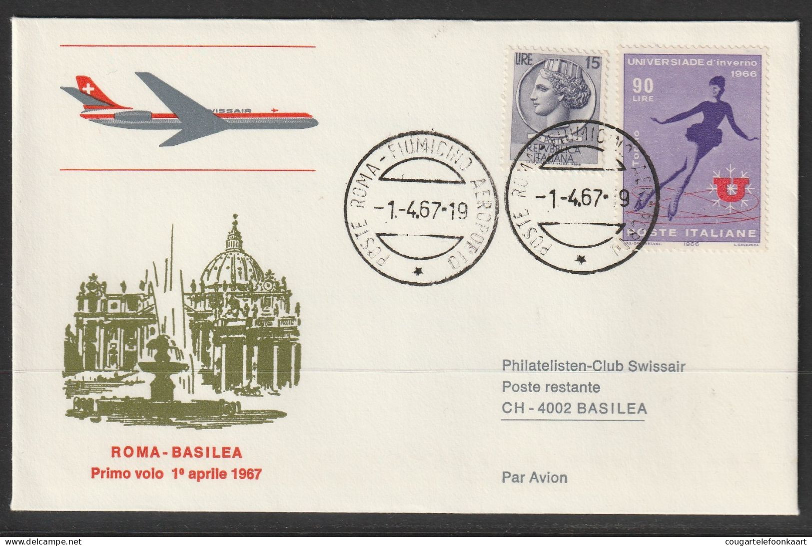 1967, Swissair, Erstflug, Roma - Basel - Poste Aérienne