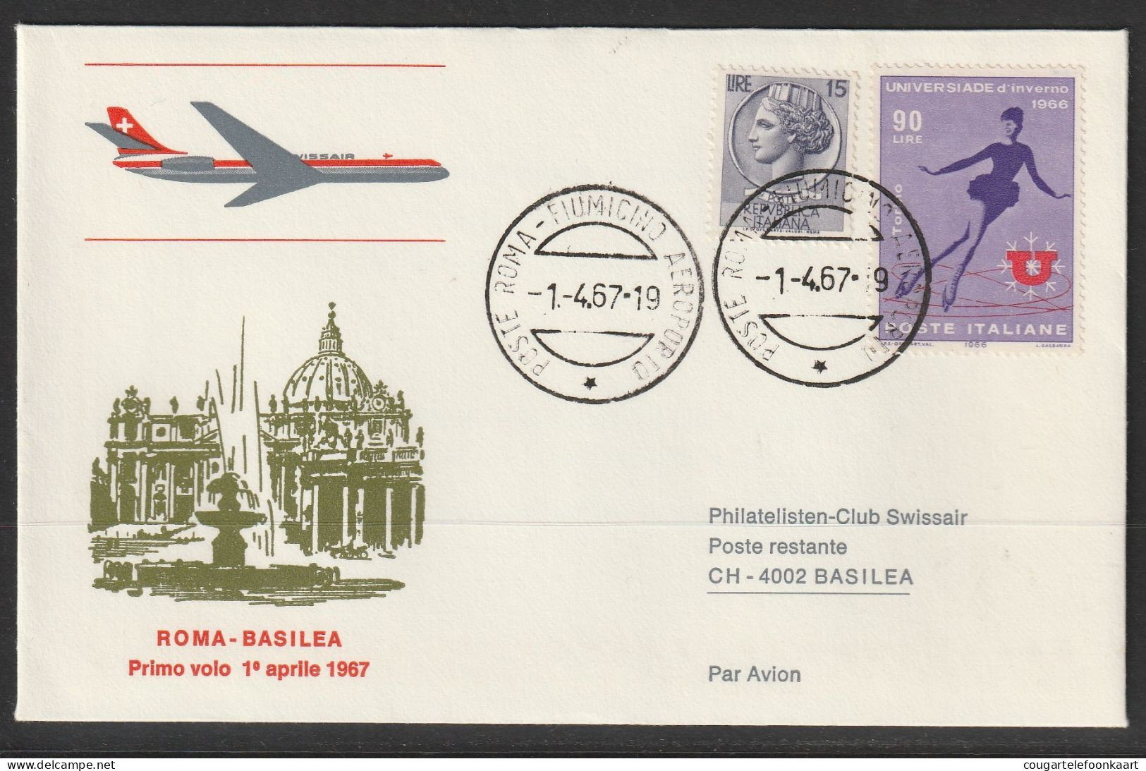 1967, Swissair, Erstflug, Roma - Basel - Luftpost