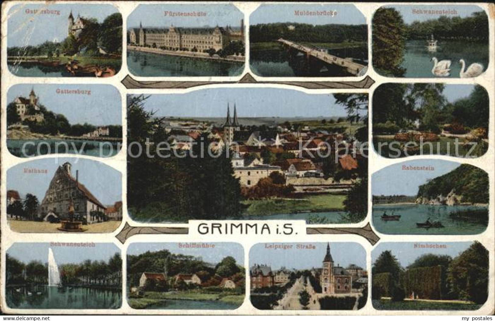 72454648 Grimma Gattersburg Fuerstenschule Muldenbruecke Schwanenteich Rathaus S - Grimma