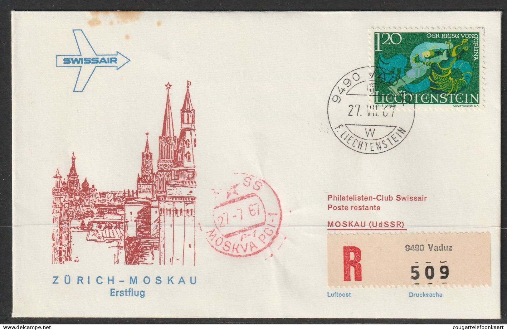 1967, Swissair, Erstflug, Liechtenstein - Moskau USSR - Poste Aérienne