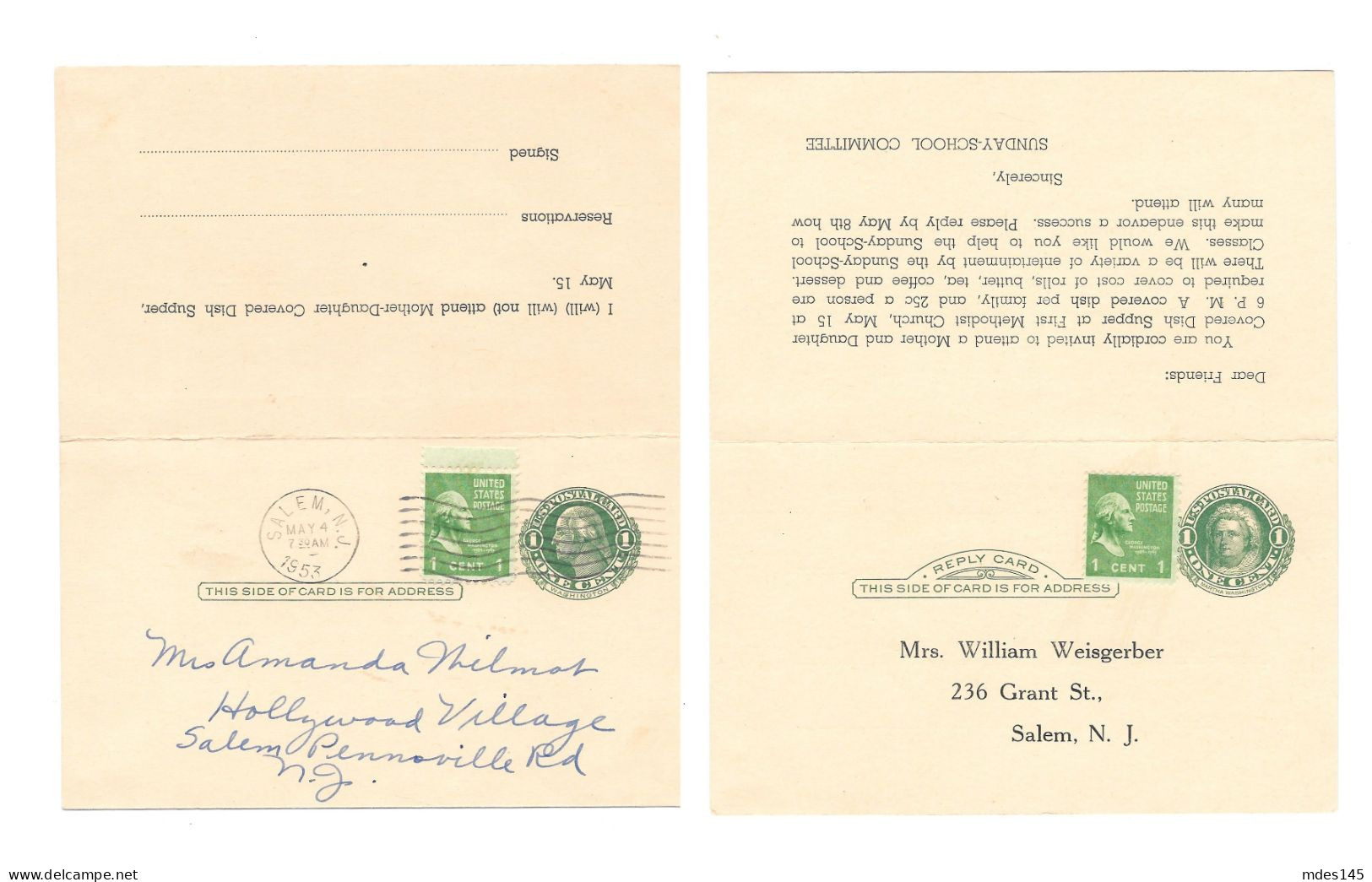 1953 Uprated UY7 Salem NJ Sunday School Dinner Message Paid Reply Postal Card - 1941-60