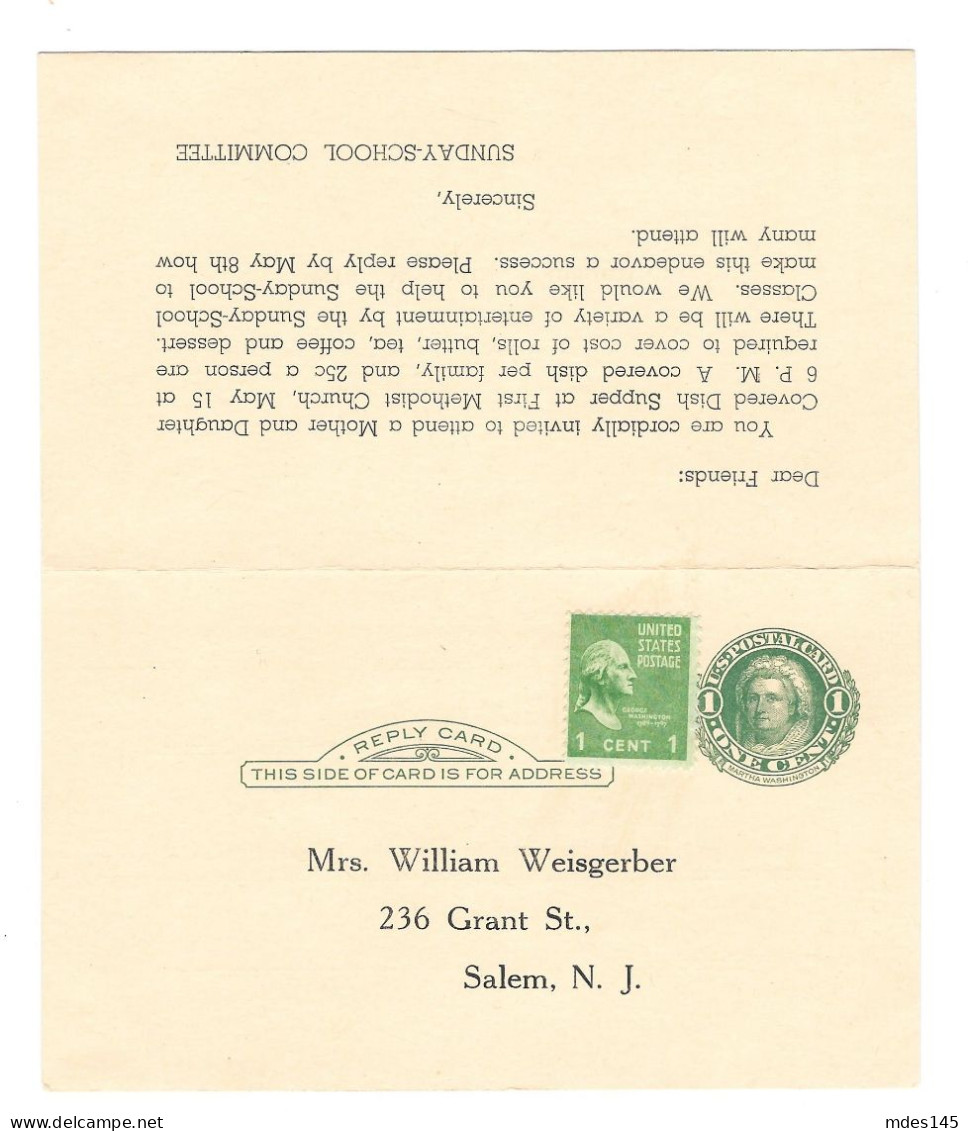 1953 Uprated UY7 Salem NJ Sunday School Dinner Message Paid Reply Postal Card - 1941-60