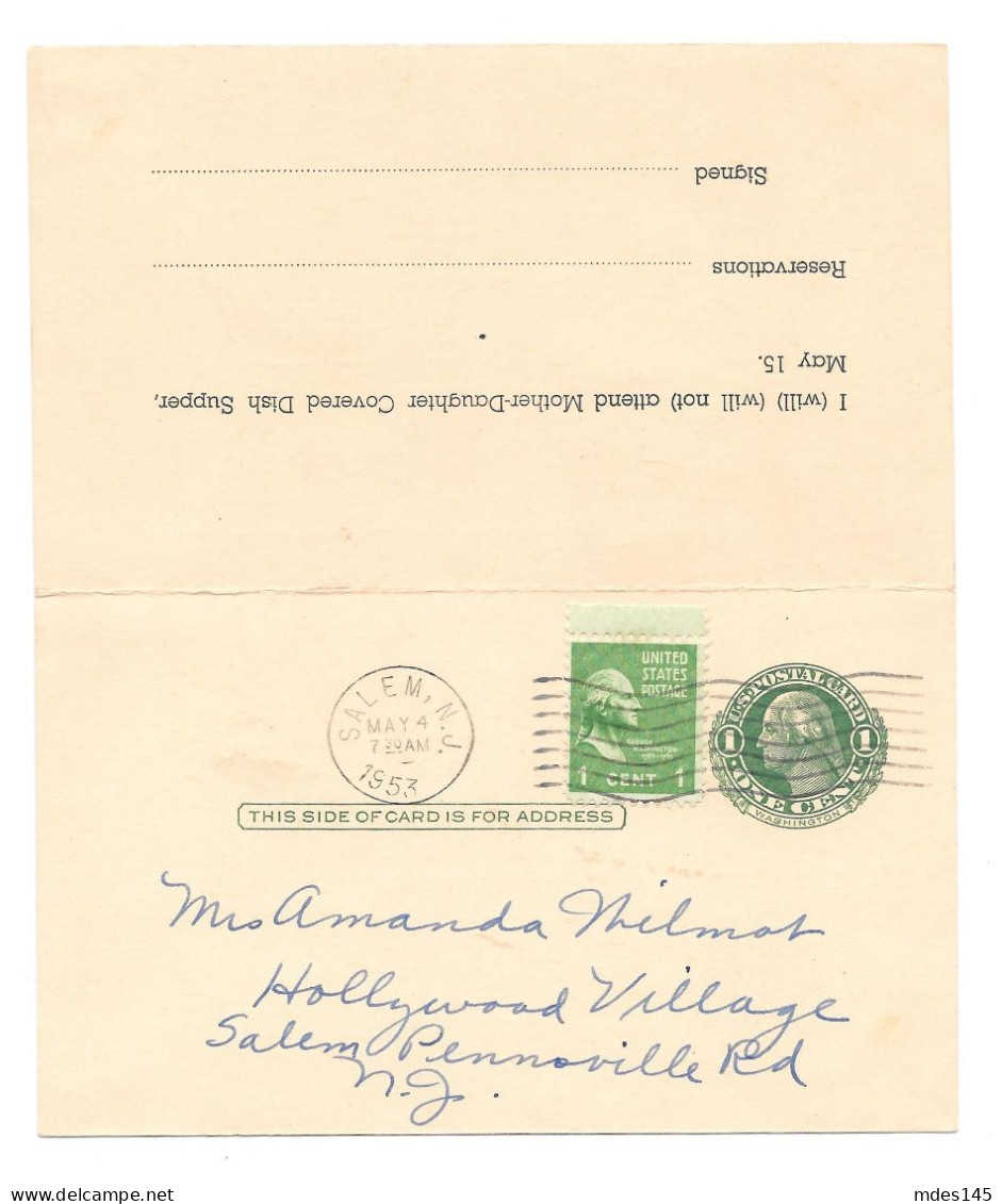 1953 Uprated UY7 Salem NJ Sunday School Dinner Message Paid Reply Postal Card - 1941-60