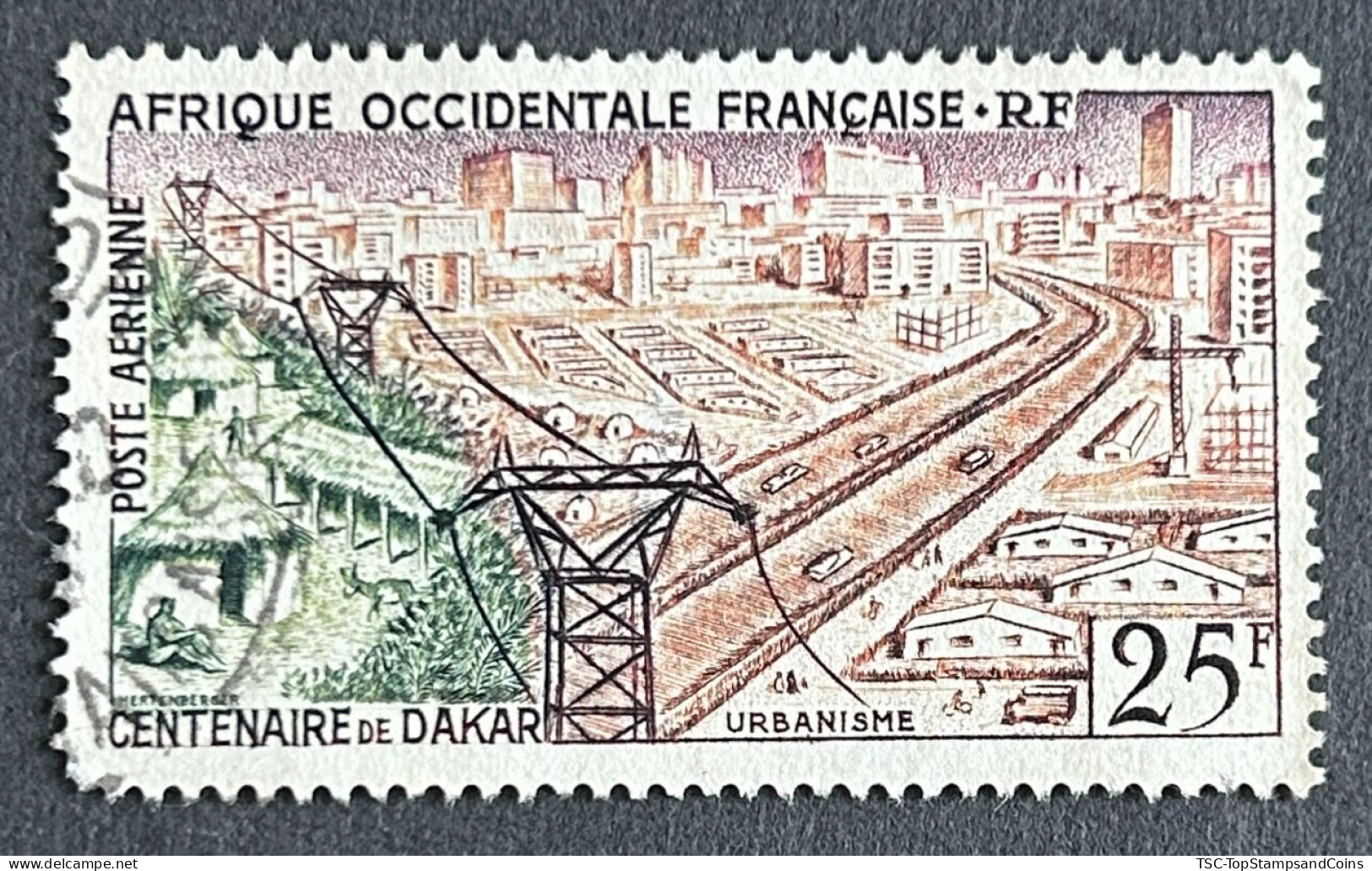 FRAWAPA024U2 - Airmail - Centenary Of Dakar - Town Planning - 25 F Used Stamp - AOF - 1958 - Oblitérés