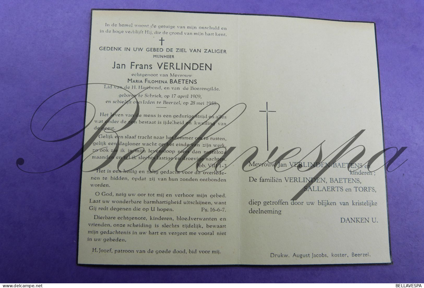 Jan VERLINDEN Echt M.BAETENS Schriek 1909-Beerzel 1958 - Todesanzeige