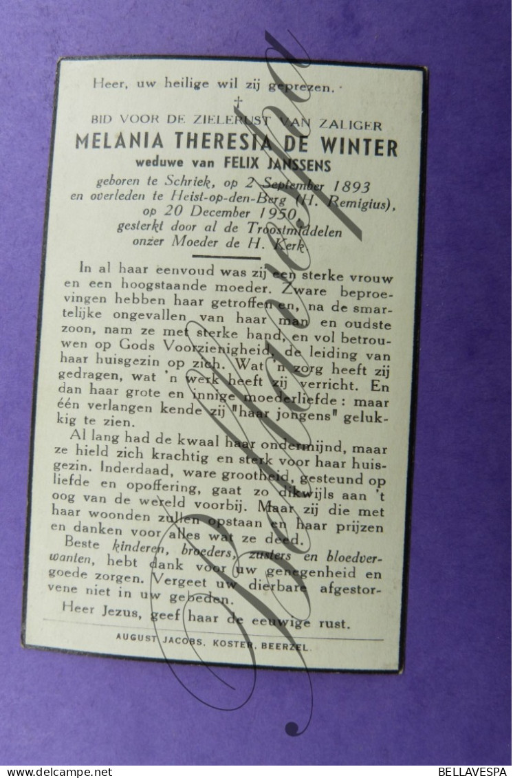 Melanie DE WINTER Echt Felix JANSSENS Schriek 1893 -Heist O/d Berg 1950 - Obituary Notices