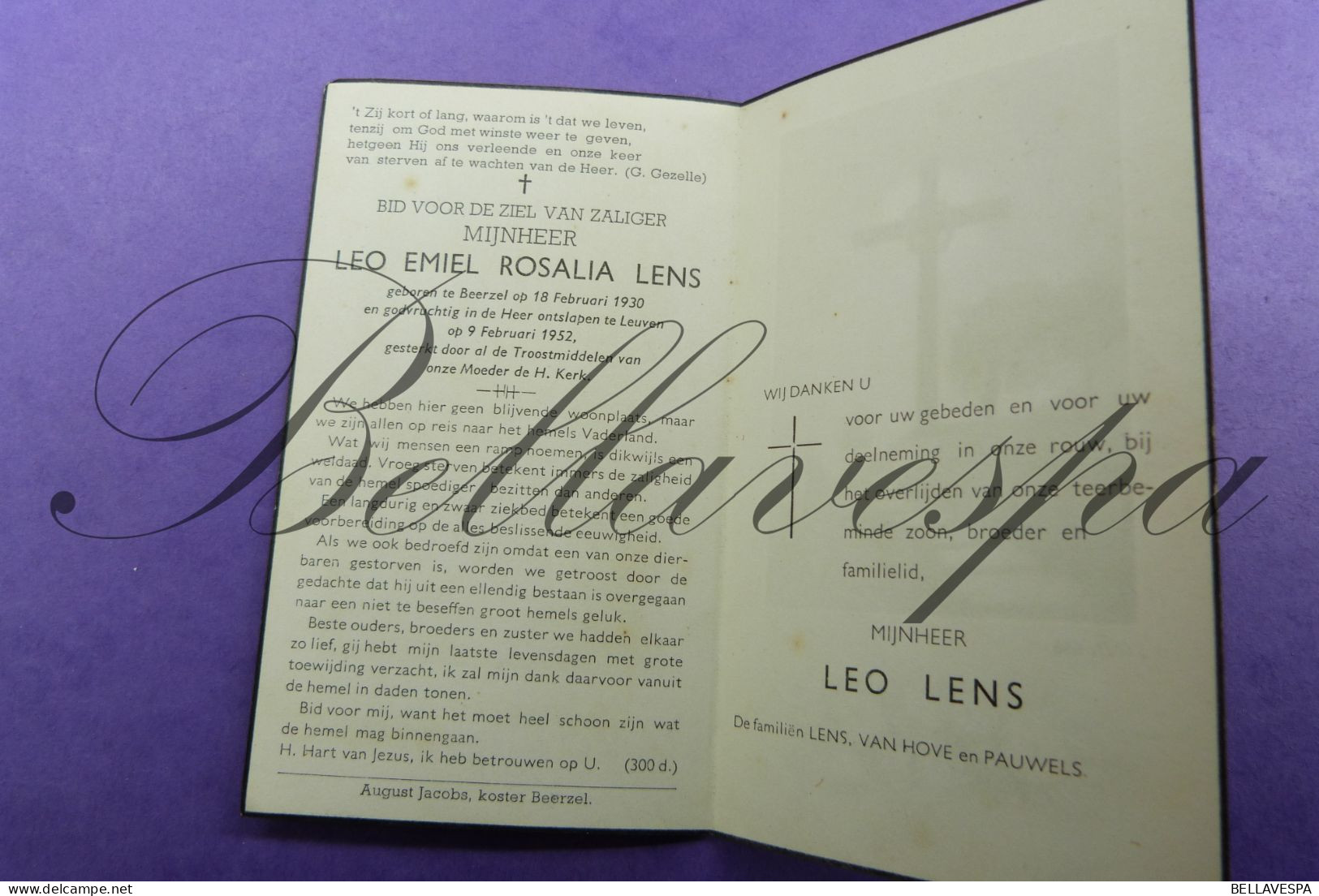 Leo LENS Beerzel 1930 -1952 - Obituary Notices