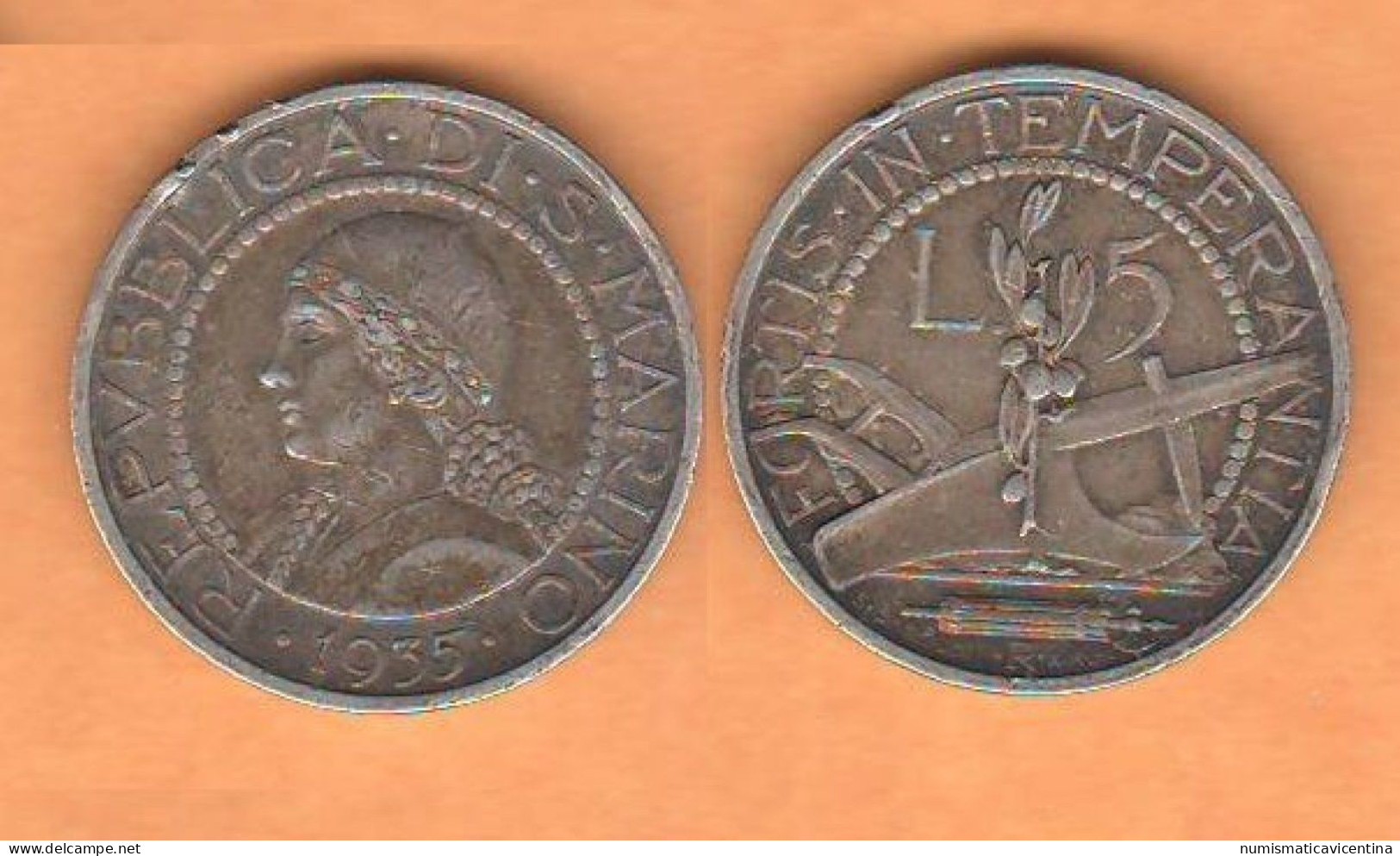 San Marino 5 Lire 1935 Saint Marin Silver Coin Old Coinage - Saint-Marin