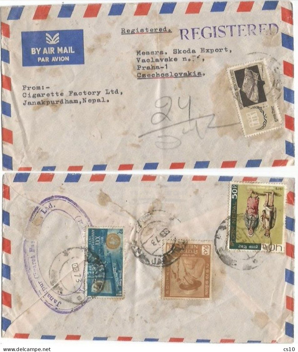 Nepal Registered Airmail Commerce Cover Janakpurdham Oct1973 X Ceskoslovensko With 4 Stamps Rate R.3.55 - Népal