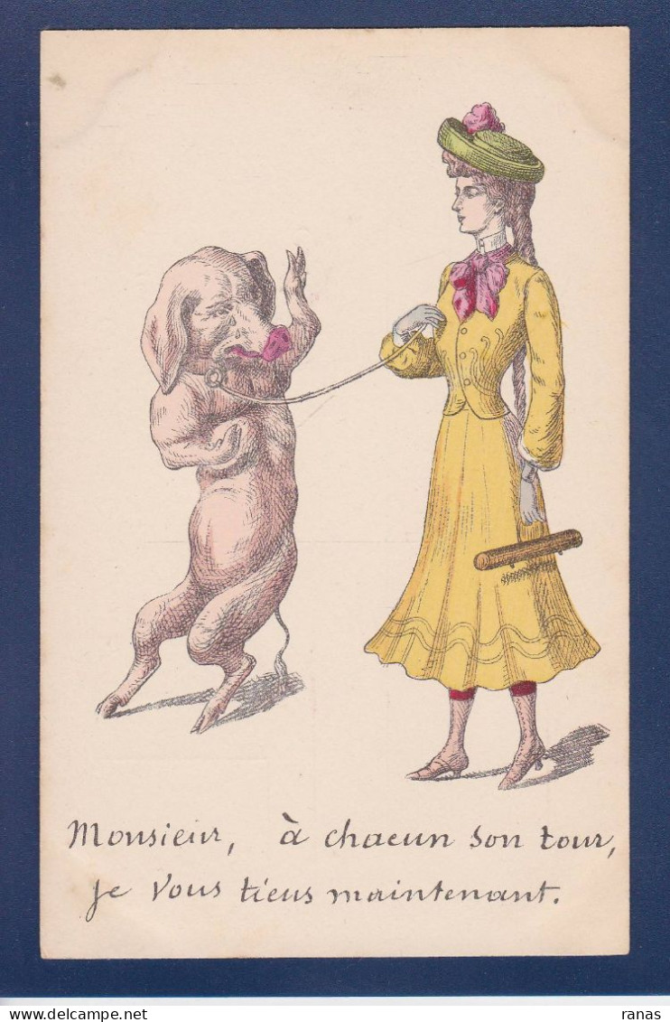 CPA Cochon + Femme Woman Suggestif érotisme Pig Position Humaine Satirique Non Circulée - Varkens