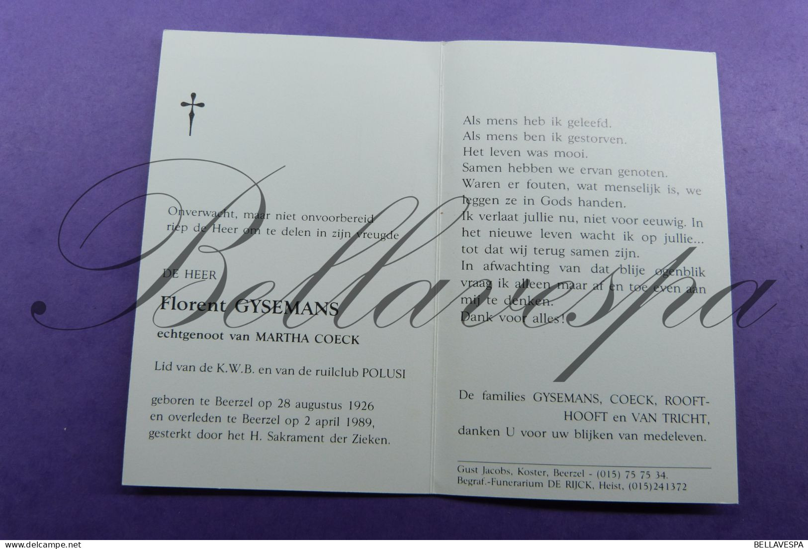 Florent GYSEMANS Echt Martha COECK Lid Ruilclub POLUSI Beerzel 1926 1989 - Obituary Notices