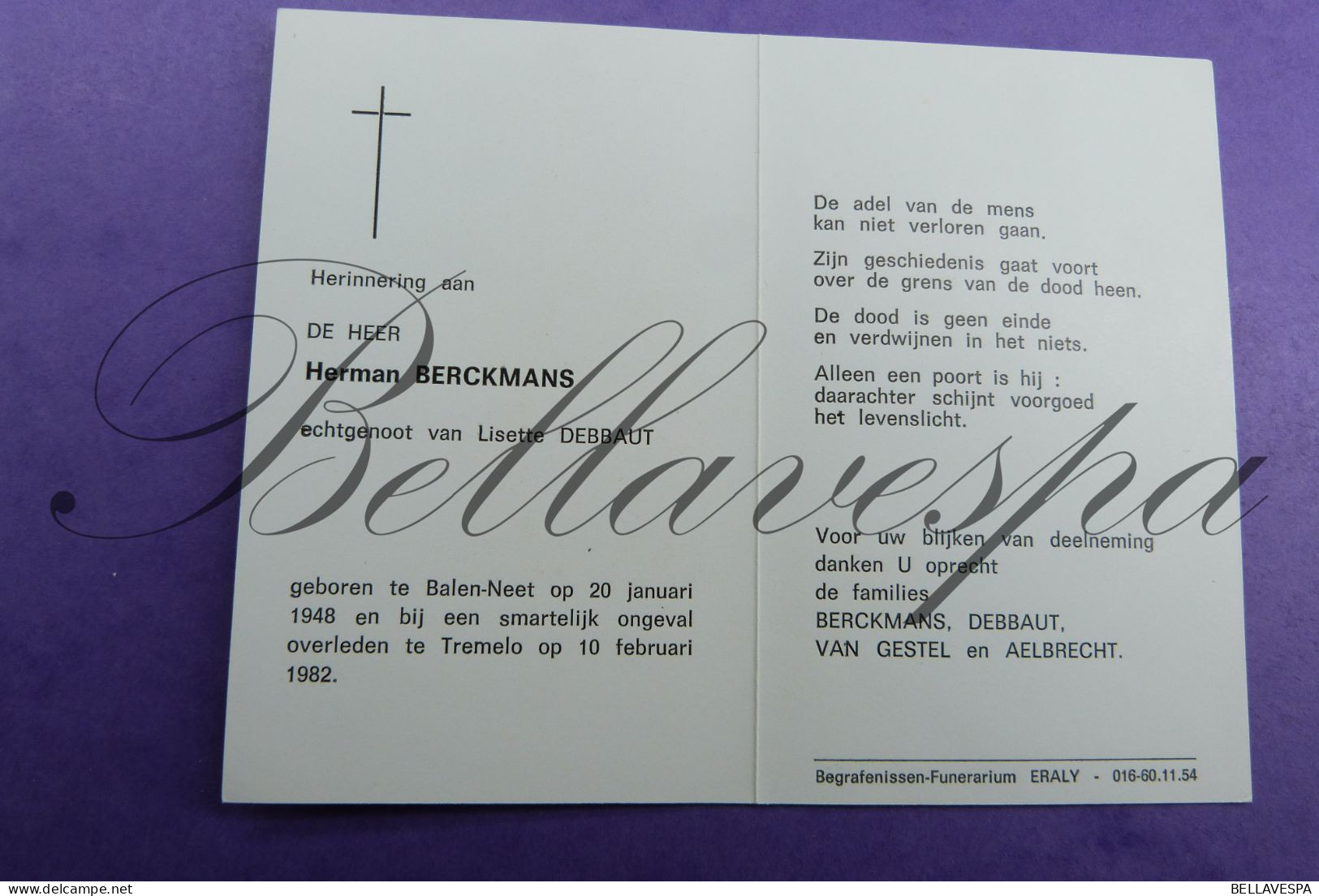 Herman BERCKMANS Echt L.DEBBAUT Balen-Neet 1948 Ongeval Tremelo 1982 - Décès