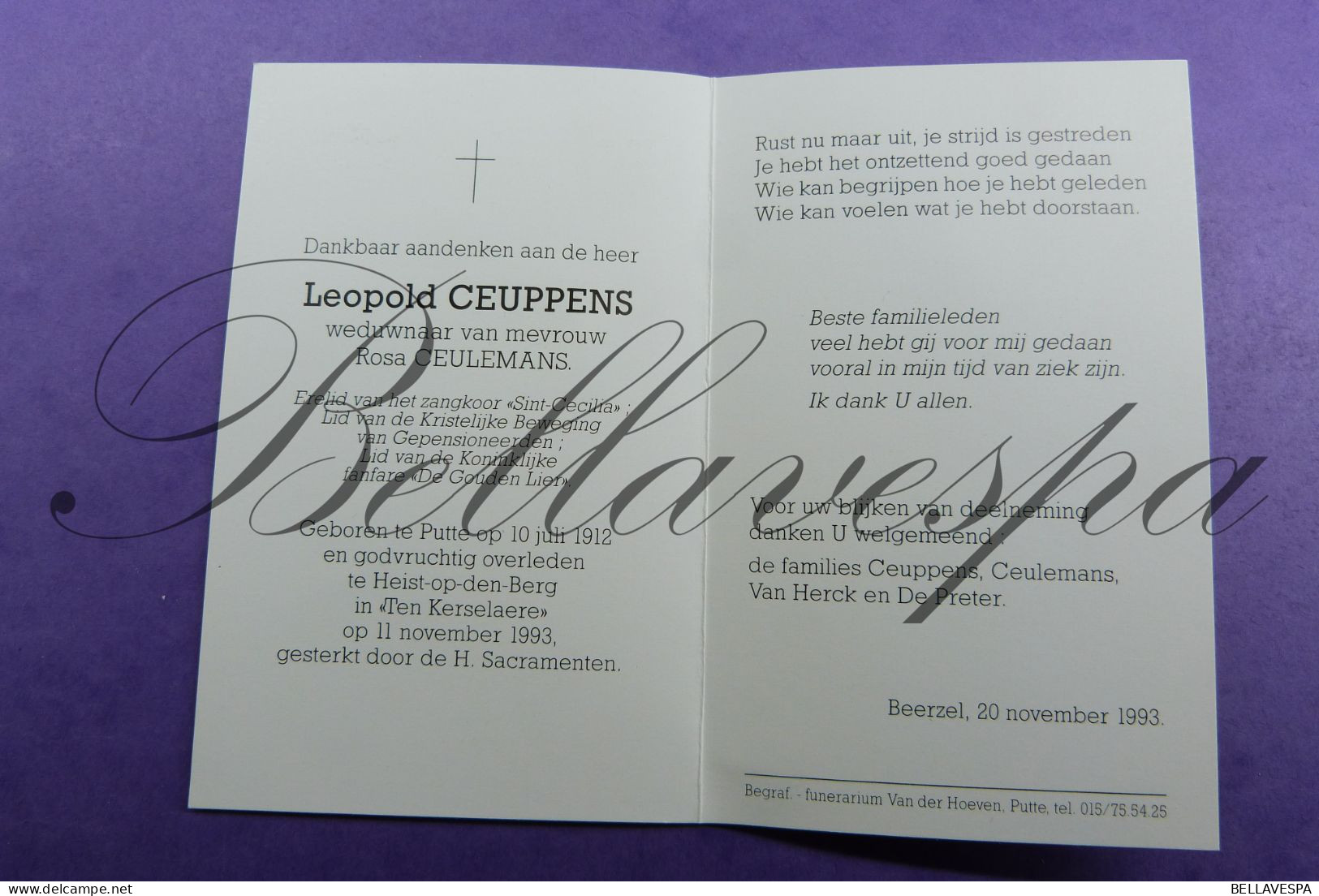 Leopold CEUPPENS Echt Rosa CEULEMANS St-Cecilia -Fanfare Gouden Lier, Putte 1912- 1993 - Obituary Notices