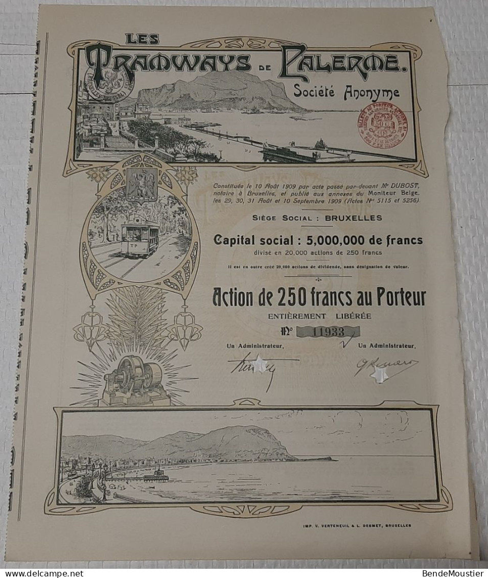 Les Tramways De Palerme - Palermo  S.A. - Mondello Immobilière Italo - Belge S.A. - Action Ordinaire 1923. - Chemin De Fer & Tramway