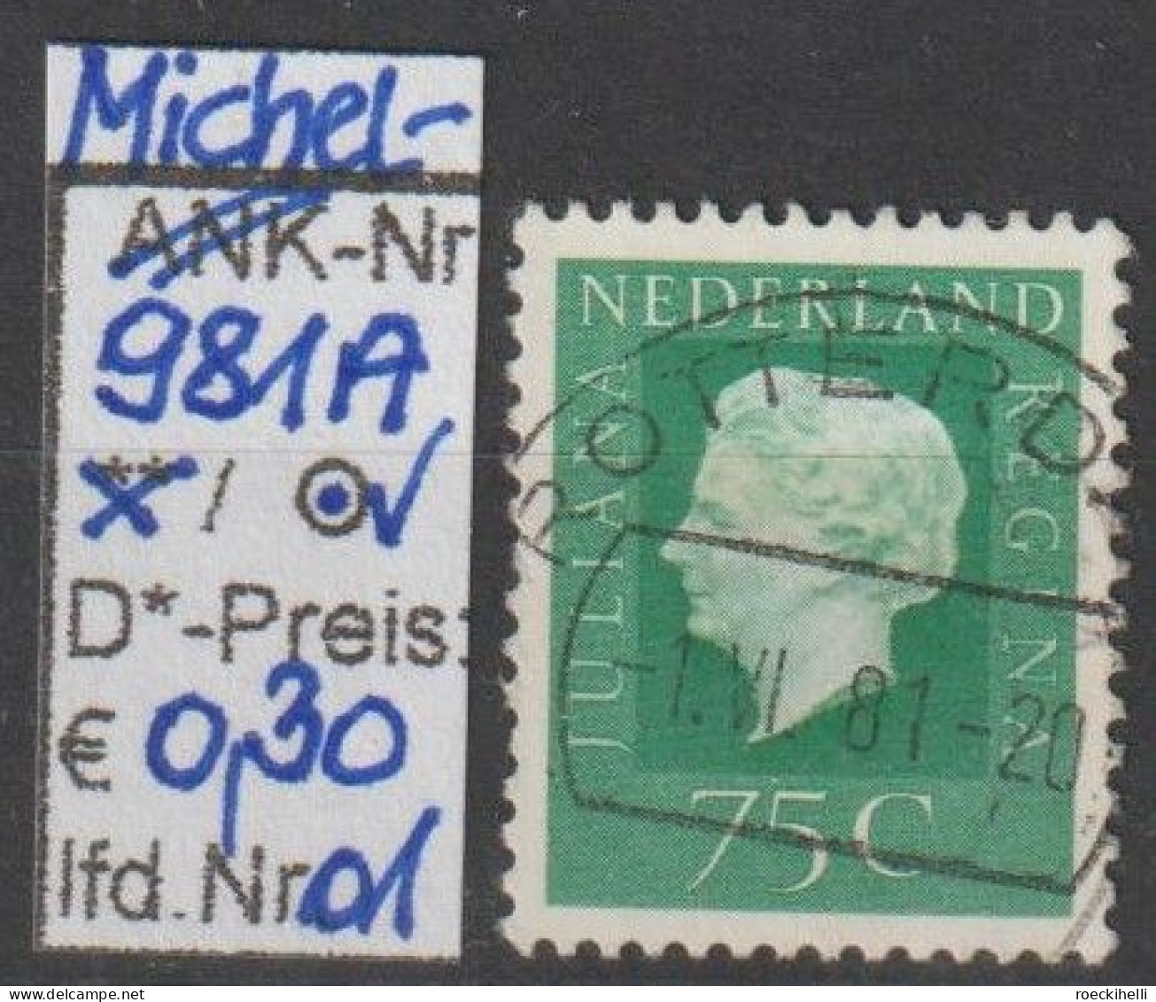 1972 - NIEDERLANDE - FM/DM "Königin Juliana" 75 C Dkl'blaugrün - O Gestempelt - S. Scan (981Ao 01-02 Nl) - Used Stamps