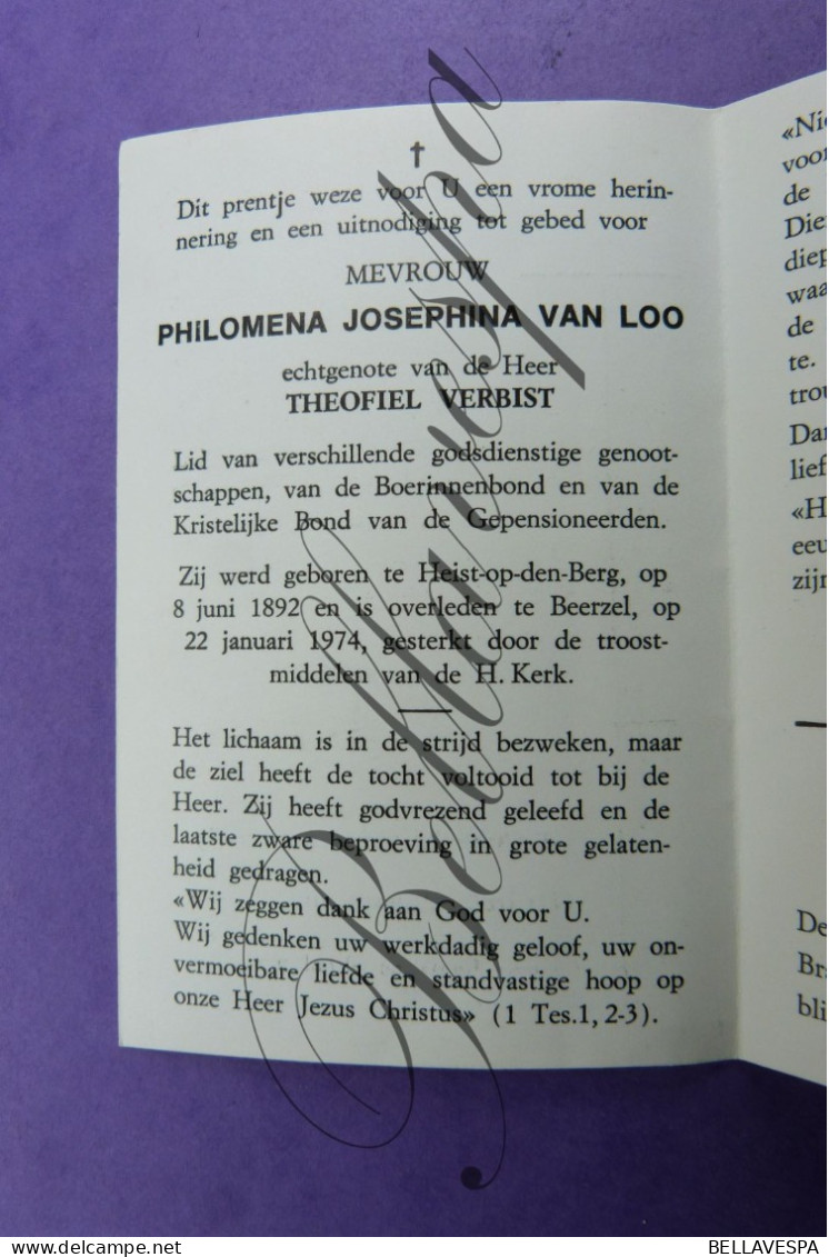 Philomena VAN LOO Echt T.VERBIST Heist O/d Berg 1892 Beerzel 1974 - Avvisi Di Necrologio