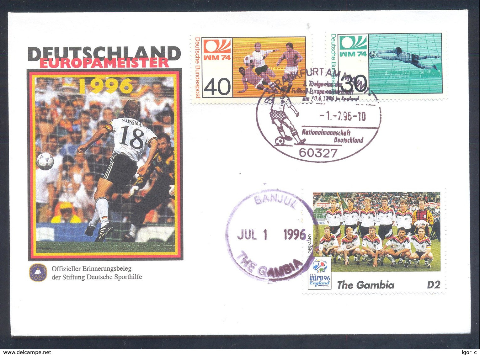 Germany Deutschland 1996 Cover Football Soccer Fussball UEFA EURO Germany 3x European Champion; Gambia German Team - Championnat D'Europe (UEFA)