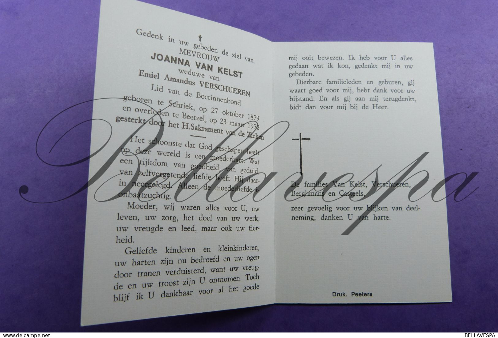 Joanna VAN KELST Echt E.VERSCHEUREN Schriek 1879 Beerzel 1972 - Obituary Notices