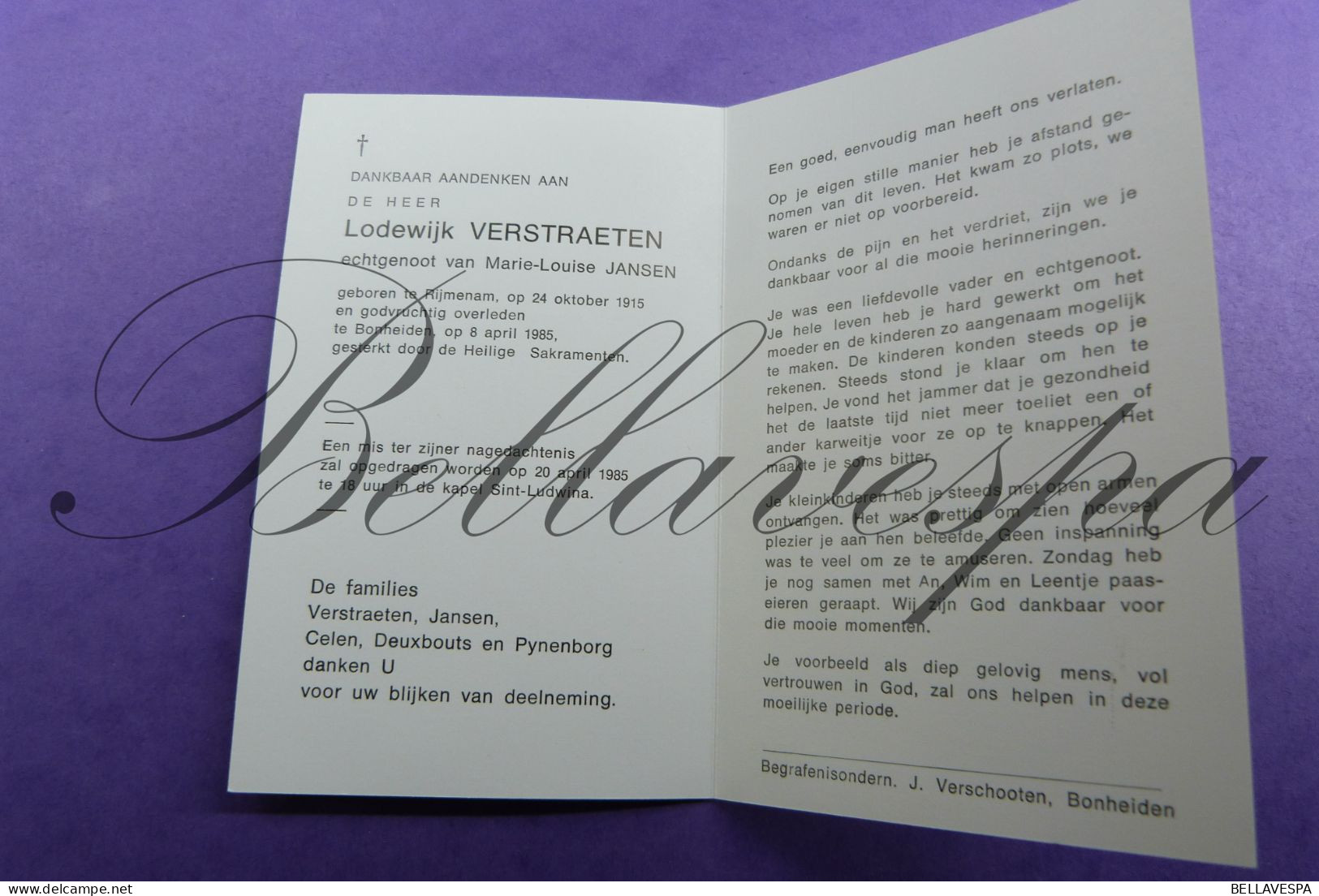 Lodewijk VERSTREATEN Echt M.JANSEN Rijmenam 1915 -1985 - Obituary Notices