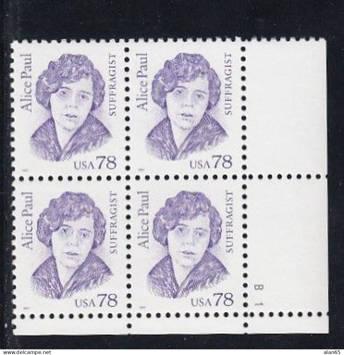Sc#2943, Alice Paul Great American Series 1995 Issue 78-cent Stamp Plate # Block Of 4 - Números De Placas