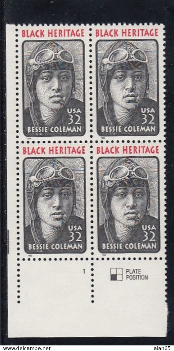 Sc#2956, Bessie Coleman Aviator, Black Heritage Series 1995 Issue 32-cent Stamp Plate # Block Of 4 - Plattennummern