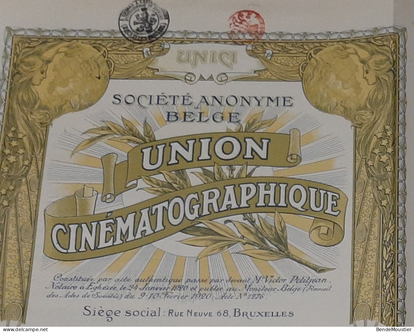 S.A. Belge Union Cinématographique  - Part De Fondateur Au Porteur - Bruxelles 1920. - Bahnwesen & Tramways