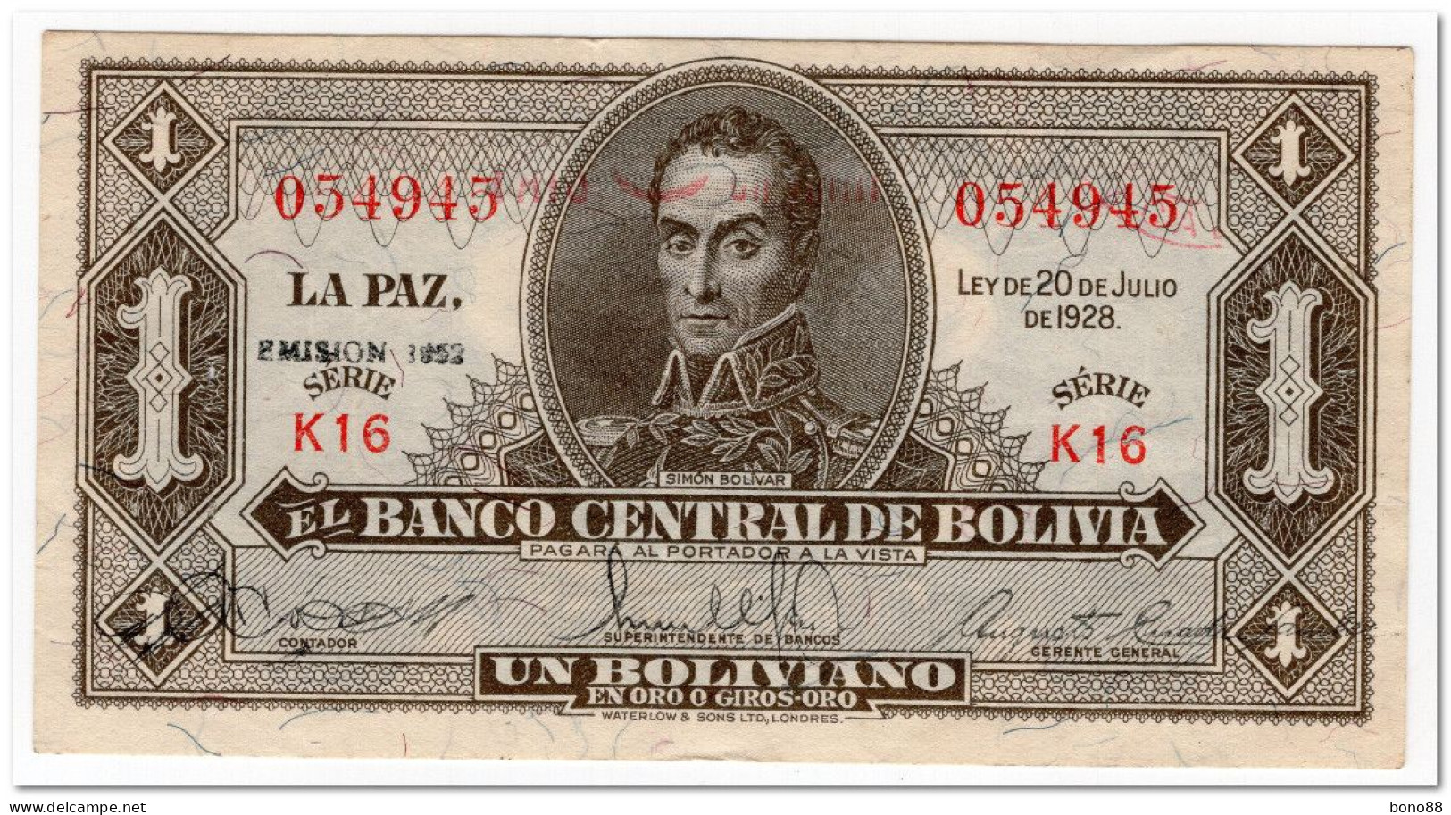 BOLIVIA,1 BOLIVIANO,1952,P.128c,XF - Bolivia