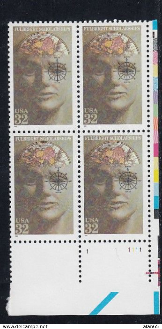 Sc#3065, Fulbright Scholarships 50th Anniversary 1996 Issue 32-cent Stamp Plate # Block Of 4 - Plattennummern