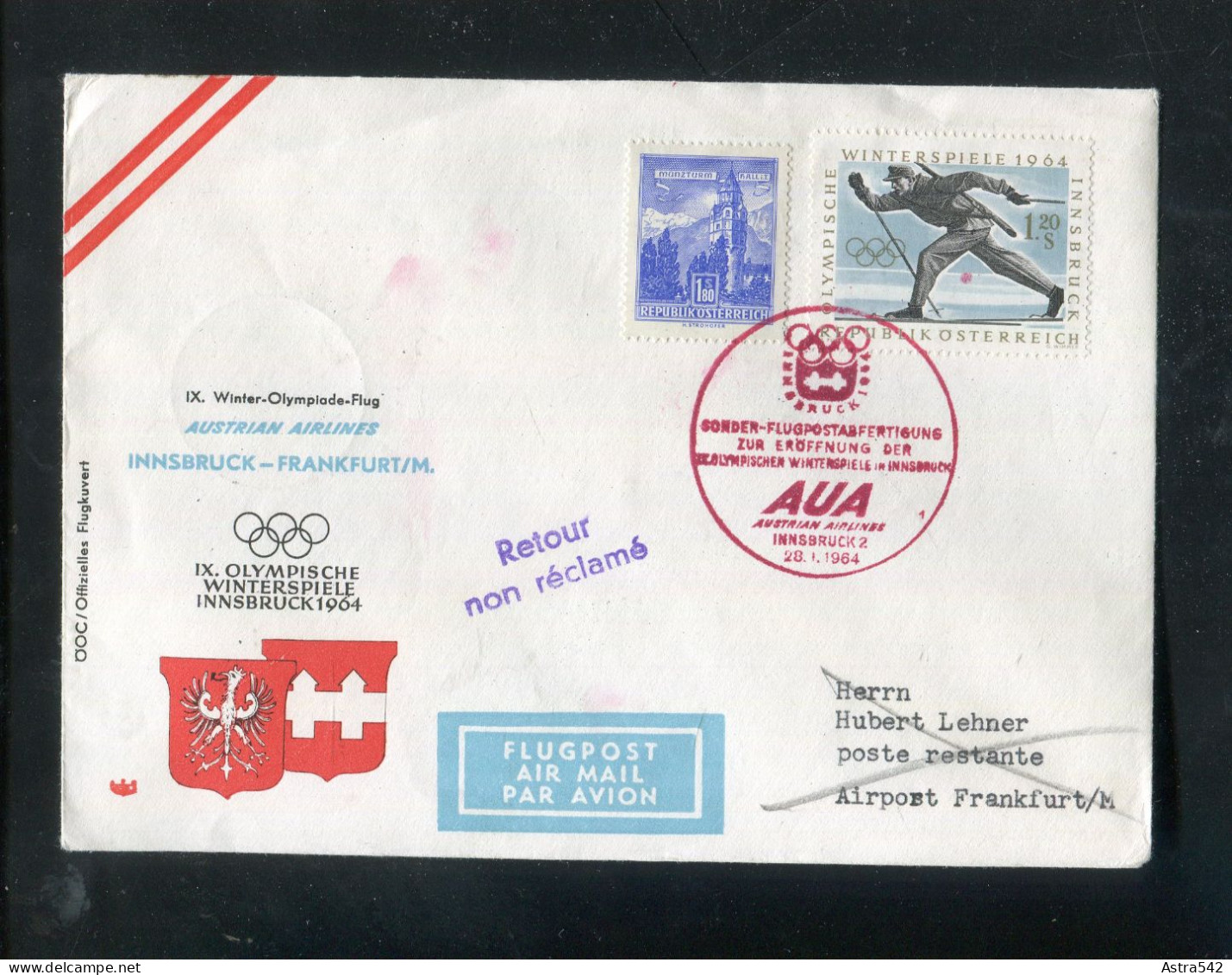 "OESTERREICH" 1964, AUA-Olympiade-Sonderflugbrief "Innsbruck-Frankfurt" (A0025) - Erst- U. Sonderflugbriefe