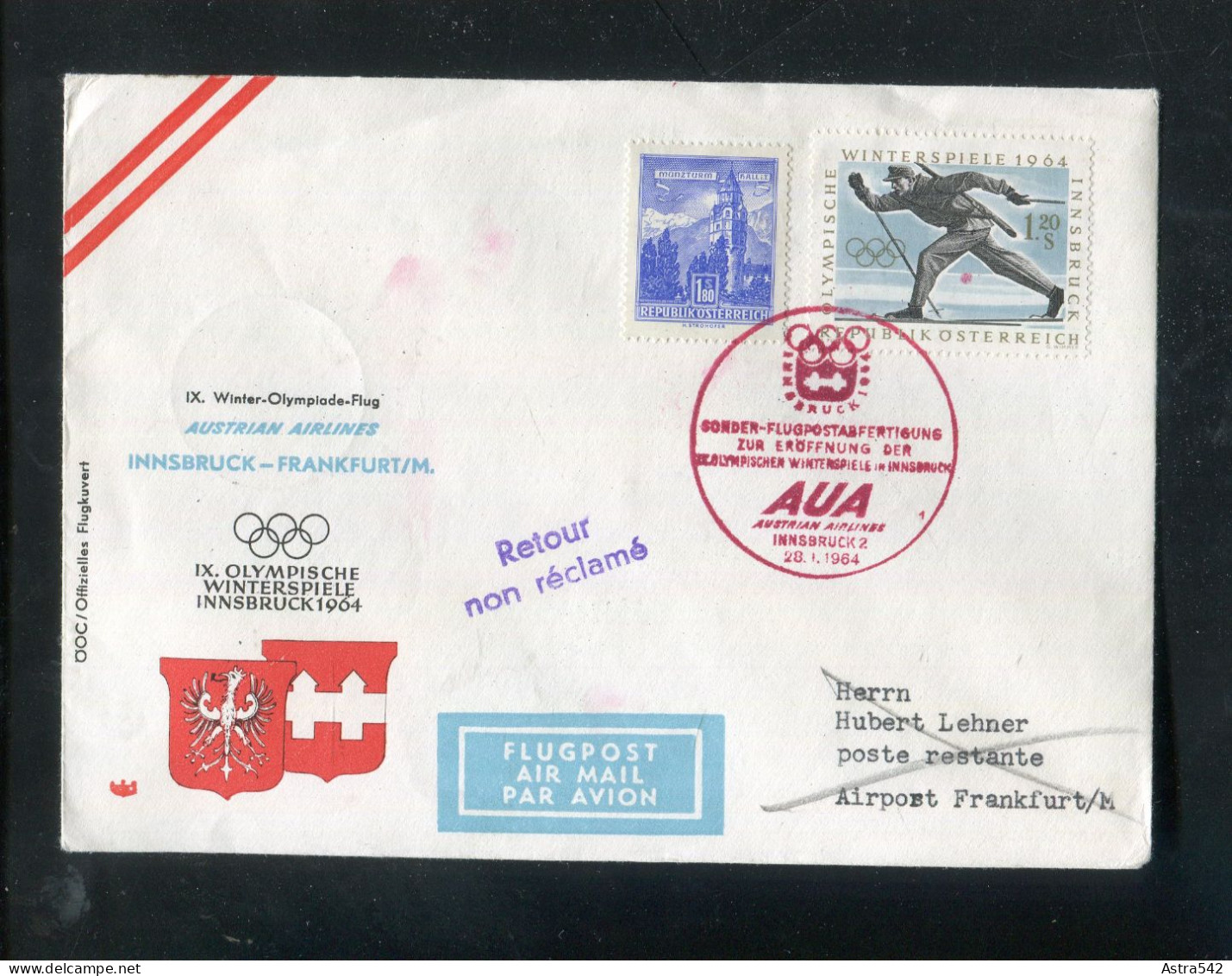 "OESTERREICH" 1964, AUA-Olympiade-Sonderflugbrief "Innsbruck-Frankfurt" (A0025) - Primeros Vuelos
