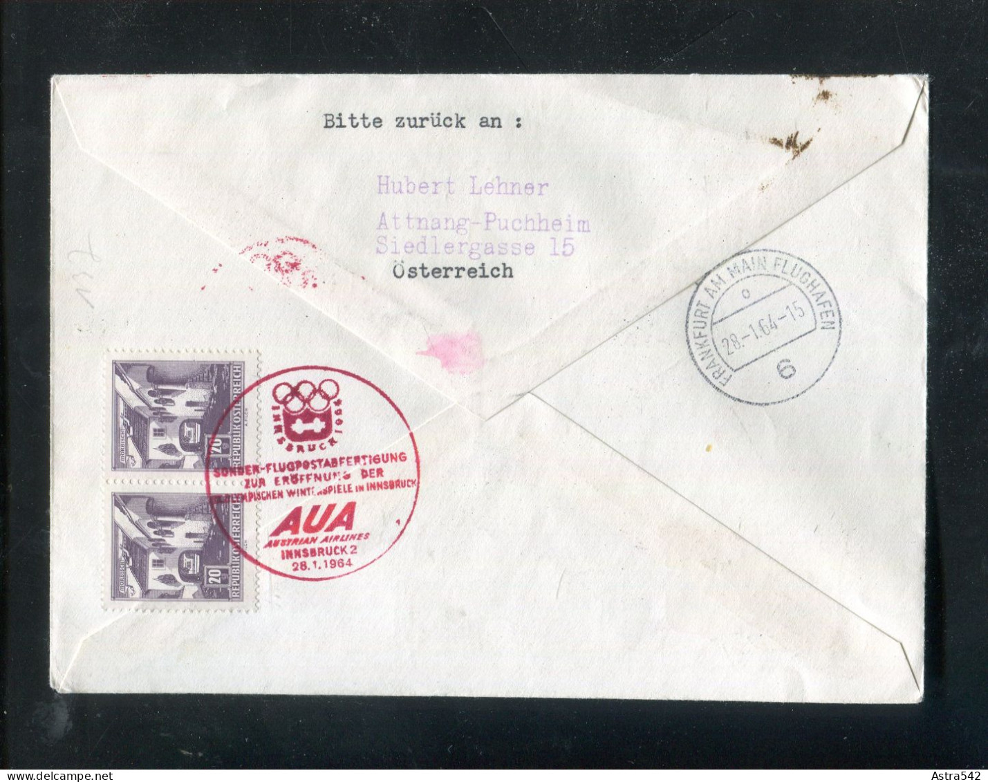 "OESTERREICH" 1964, AUA-Olympiade-Sonderflugbrief "Innsbruck-Frankfurt" (A0025) - Premiers Vols