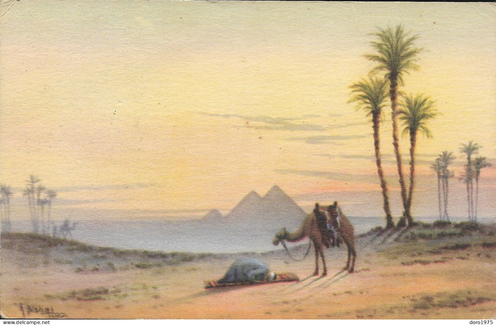 EGYPT - Prayer In The Desert At Sunrise, Near The Pyramids Of Giza - A. Bishai - No. 111 - Unused Postcard (01) - Pyramides