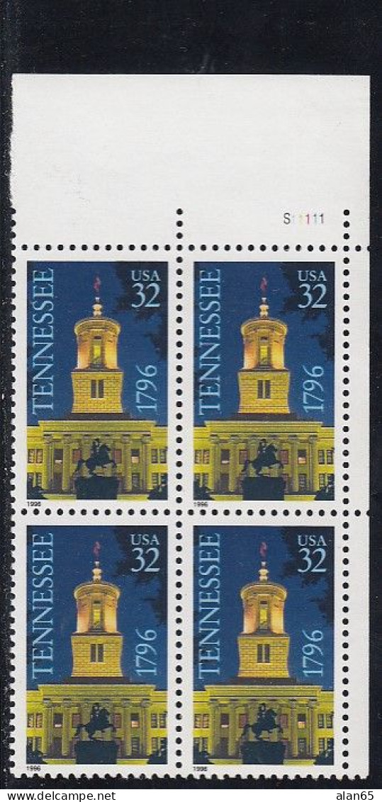 Sc#3070, Tennessee Statehood 200th Anniversary 1996 Issue 32-cent Stamp Plate # Block Of 4 - Plattennummern