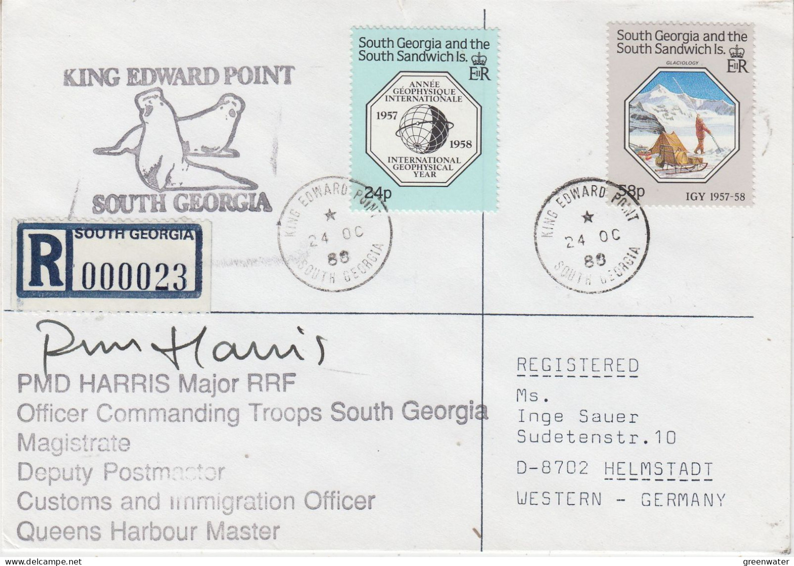 South Georgia & South Sandwich Islands 1988 Registered Cover Majhor Harris OC Troops Signature Ca 24 OC 1988 (FG177) - Georgia Del Sud