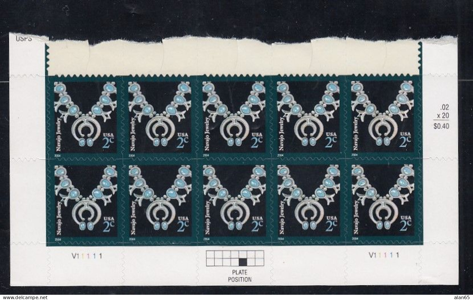 Sc#3750, Navajo Necklace 2004 Definitive Issue 2-cent Stamp Plate # Block Of 10, Native American Art - Plattennummern