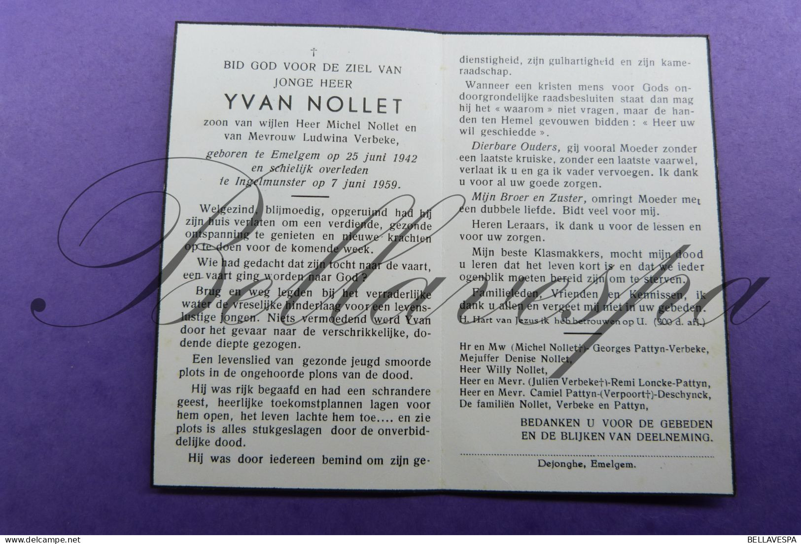 Yvan NOLLET -L.VERBEKE Emelgem  Tgv Ongeval Ingelmunster 1959 - Avvisi Di Necrologio