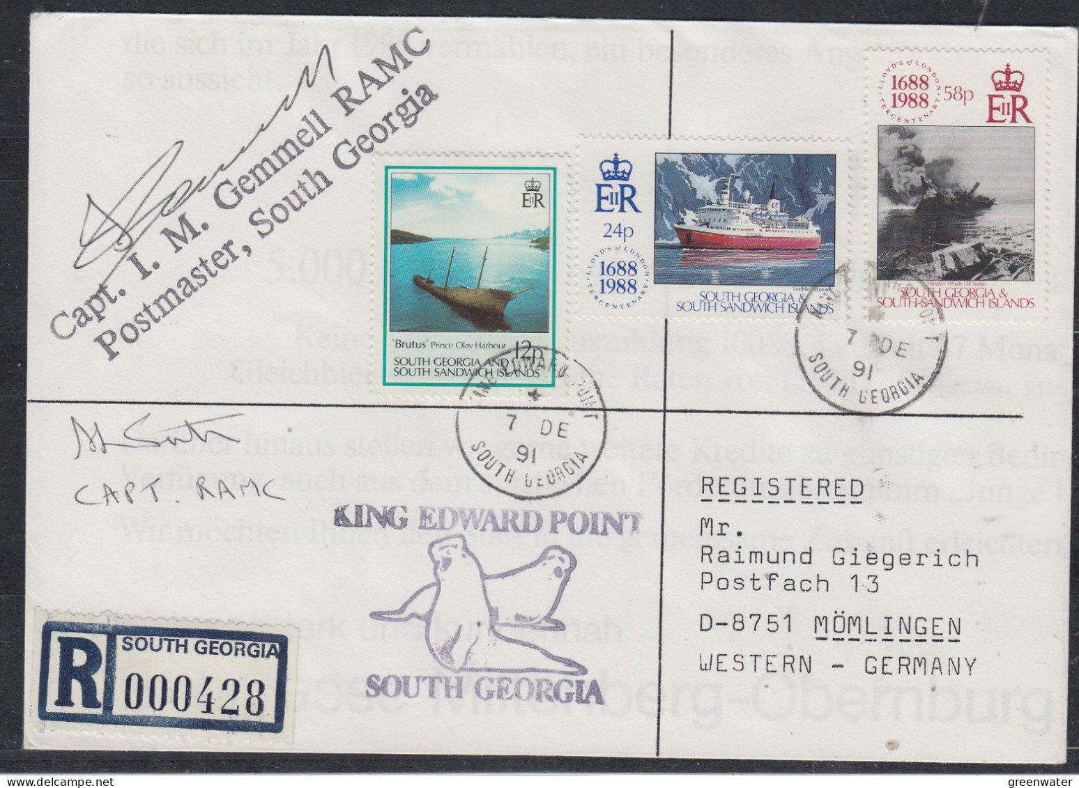 South Georgia & South Sandwich Islands 1991 Registered Cover 2  Signatures  Ca 7 DE 1991 (FG178) - Südgeorgien
