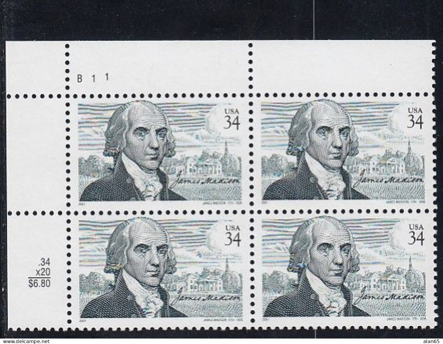 Sc#3545, James Madison US President Issue 34-cent Stamp Plate # Block Of 4 - Plate Blocks & Sheetlets