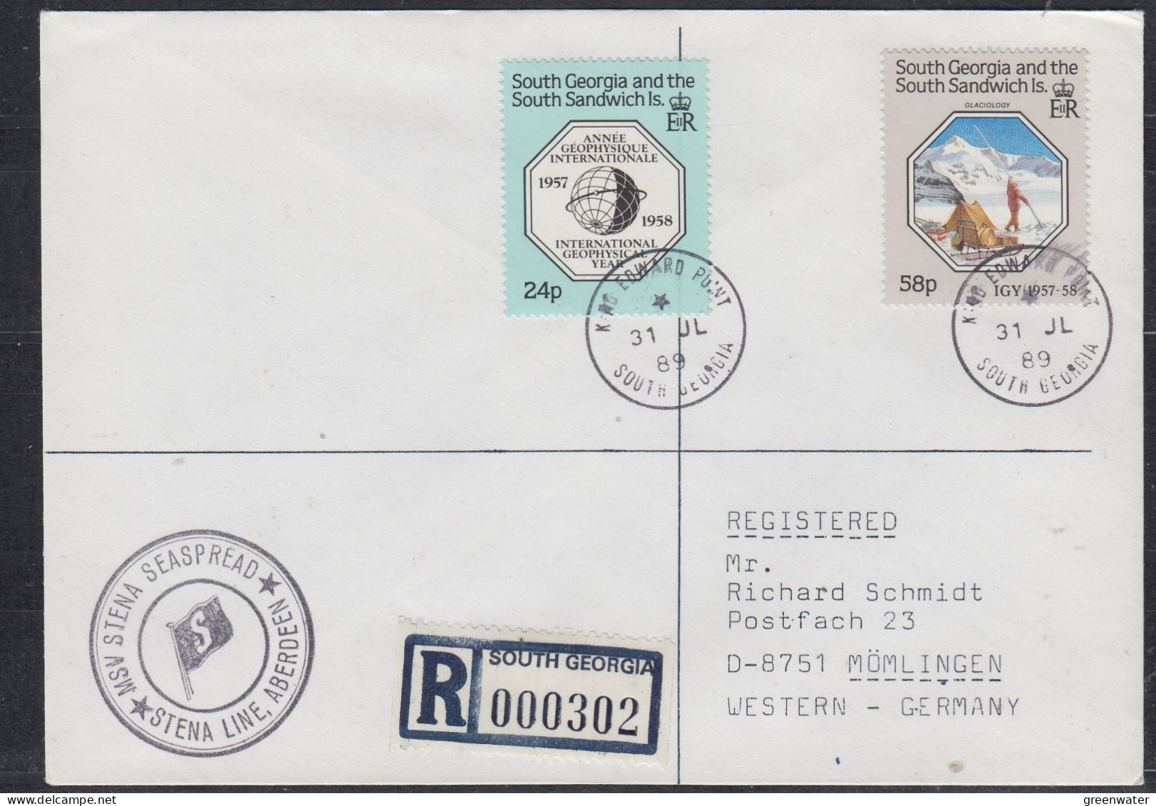 South Georgia & South Sandwich Islands 1989 MSV Stena Seaspread Registered Cover  Ca 31 JL 1989 (FG179) - Georgia Del Sud