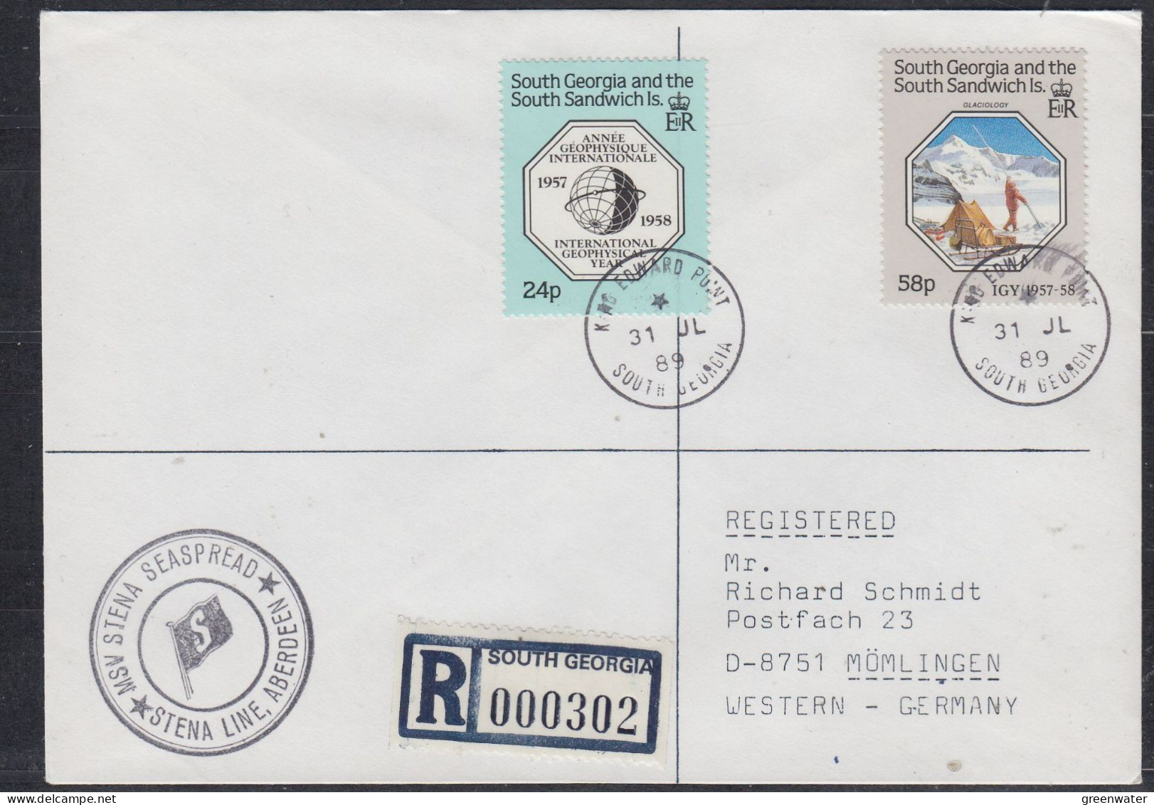 South Georgia & South Sandwich Islands 1989 MSV Stena Seaspread Registered Cover  Ca 31 JL 1989 (FG179) - Georgias Del Sur (Islas)