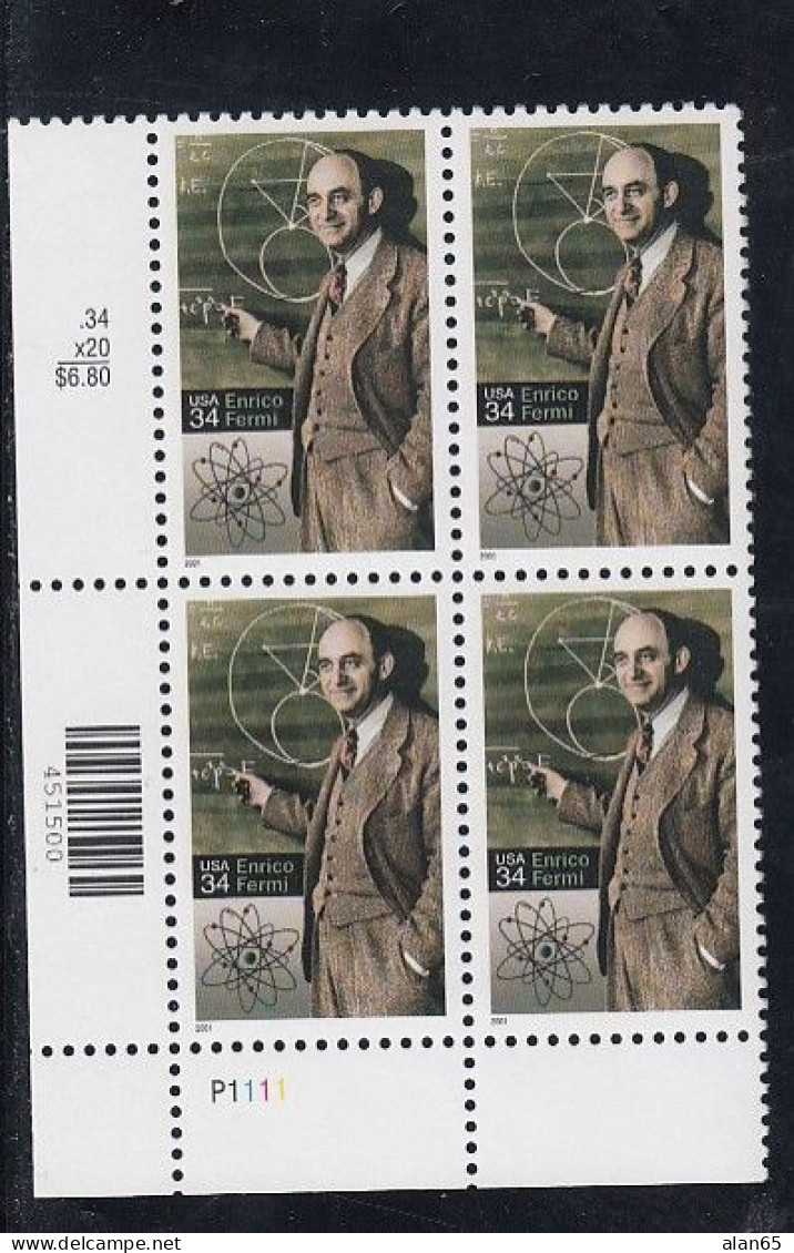 Sc#3533, Enrico Fermi Physicist, 2001 Issue 34-cent Stamp Plate # Block Of 4 - Plaatnummers