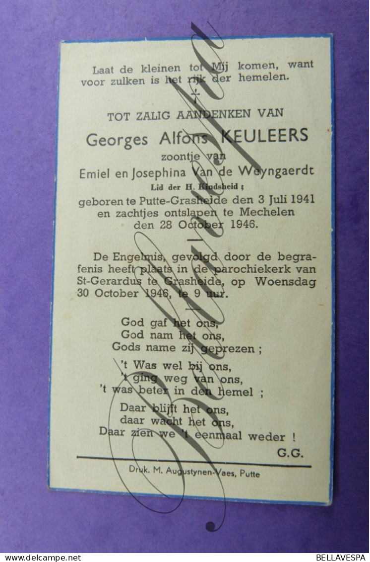 Georges KEULEERS -J.Van De Weyngaerdt Grasheide Putte 1941-1946 - Overlijden