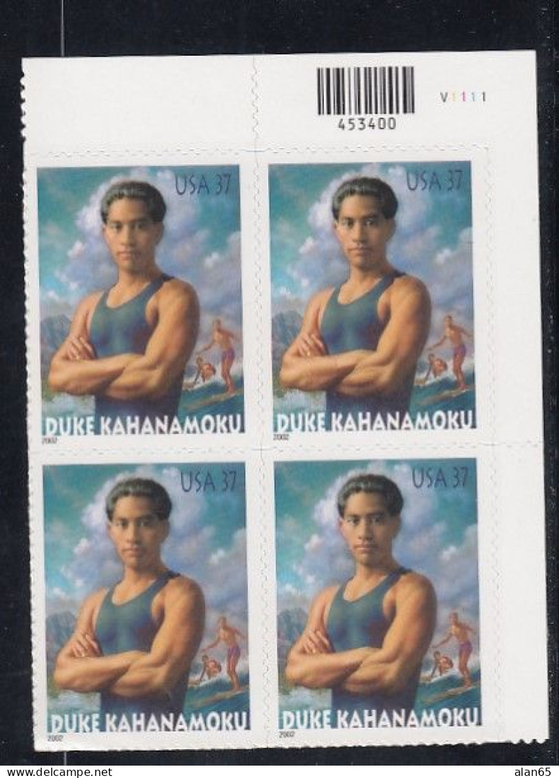 Sc#3660, Duke Kahanamoku 'Father Of Surfing', 2002 Issue 37-cent Stamp Plate # Block Of 4 - Plate Blocks & Sheetlets