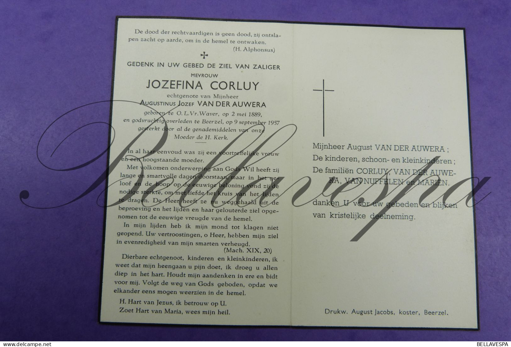 Jozefina CORLUY Echt A. VAN DER AUWERA O.L.V. Waver 1889 Beerzel 1957 - Todesanzeige