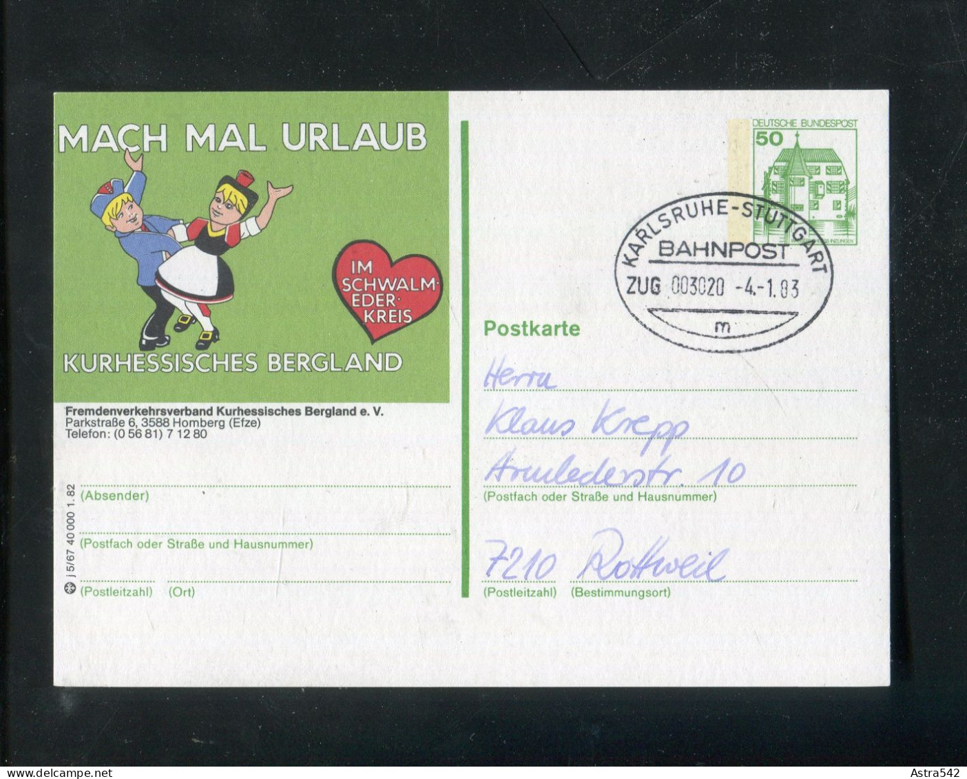 "BUNDESREPUBLIK DEUTSCHLAND" 1983, Bahnpost-Stempel "Karlsruhe-Stuttgart" Auf Bildpostkarte (A0033) - Cartes Postales Illustrées - Oblitérées