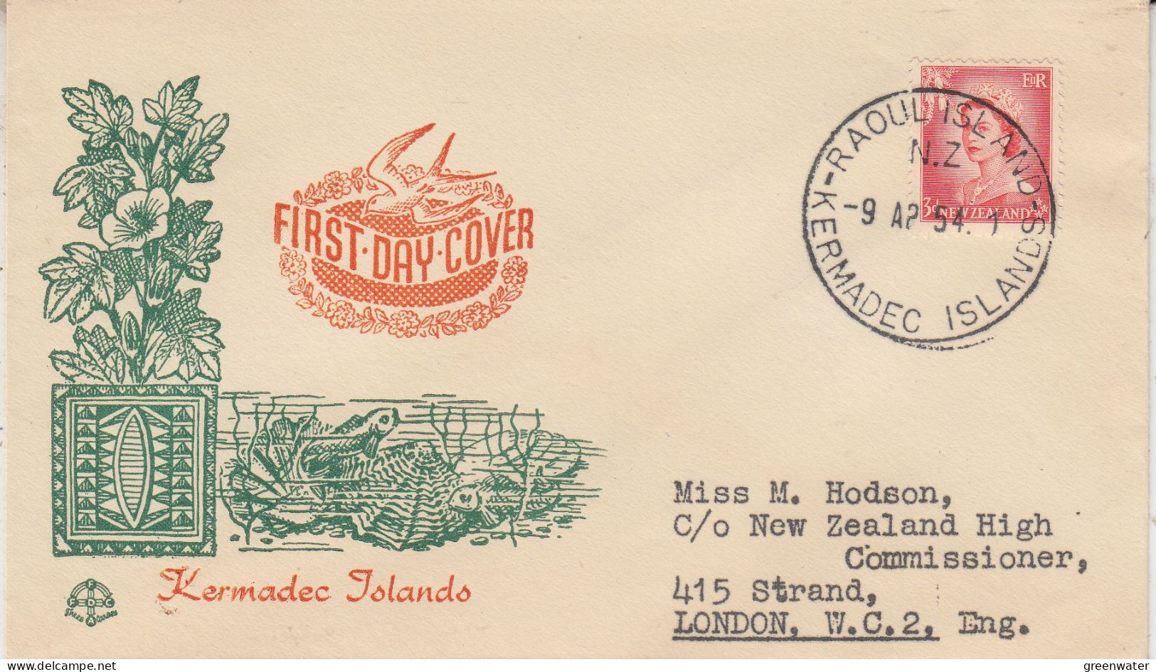 New Zealand Raoul And Kermadec Islands Cover (FDC) Ca 9 AP 1954 (FG180) - Bases Antarctiques