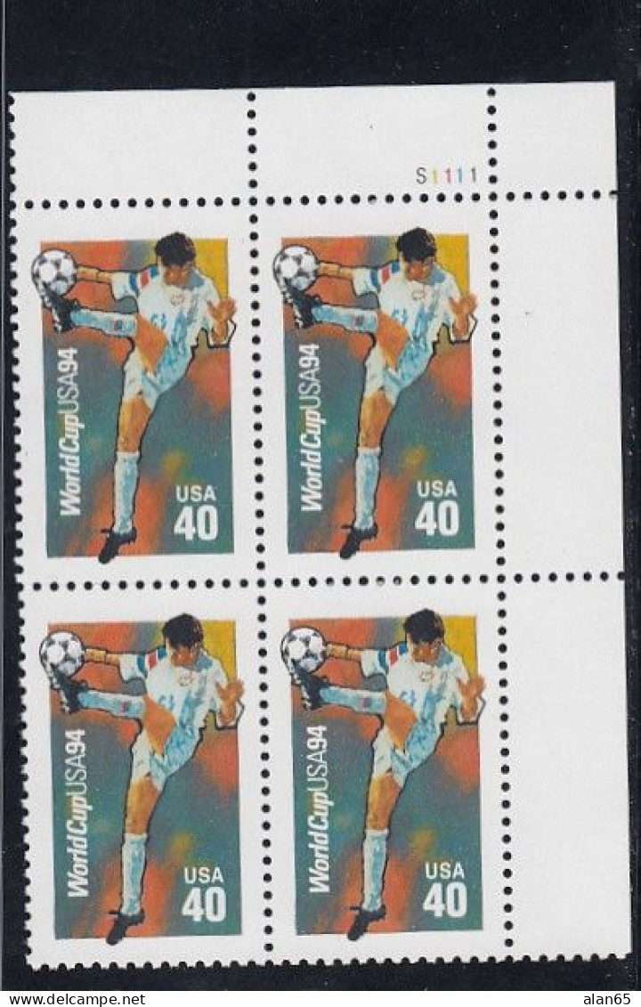 Sc#2835, World Cup '94 US Soccer, 1994 Issue 40-cent Stamp Plate # Block Of 4 - Plaatnummers