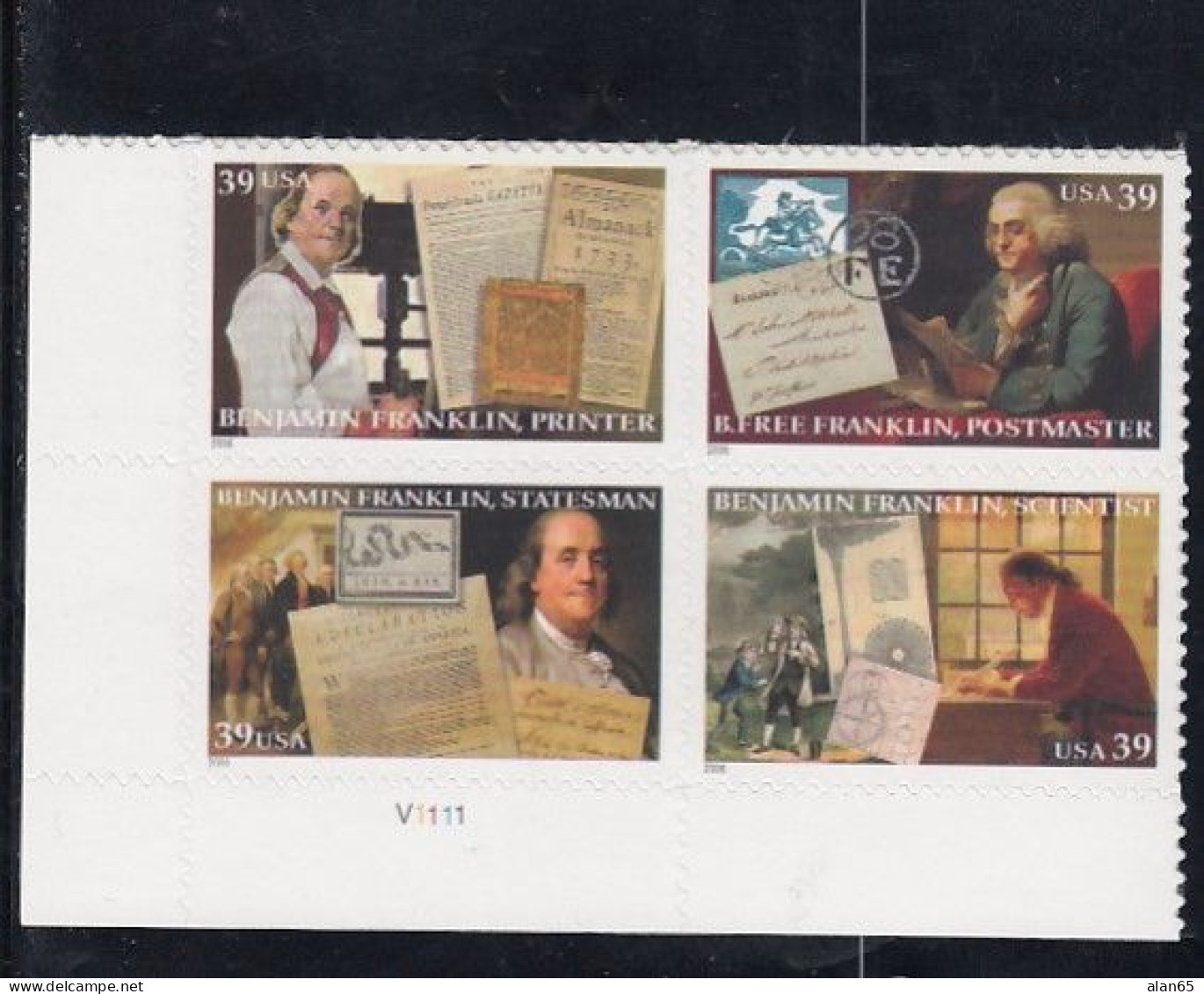 Sc#4021-4024, Benjamin Franklin US Stateman Postmaster Scientist Printer, 2006 Issue, 39-cent Stamp Plate # Block Of 4 - Plaatnummers