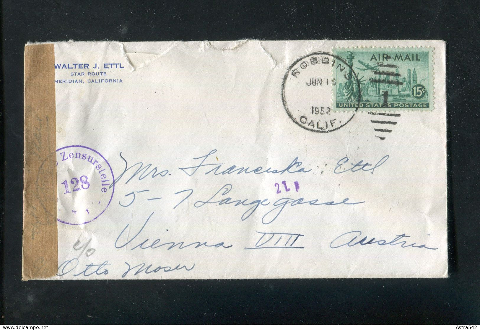 "USA" 1952, Brief Mit "ZENSUR" Nach Wien (A0036) - Covers & Documents