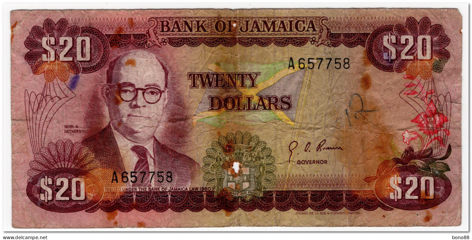 JAMAICA,20 DOLLARRS,L.1960 (1977) P.63,SIGN 4, POOR - Jamaica